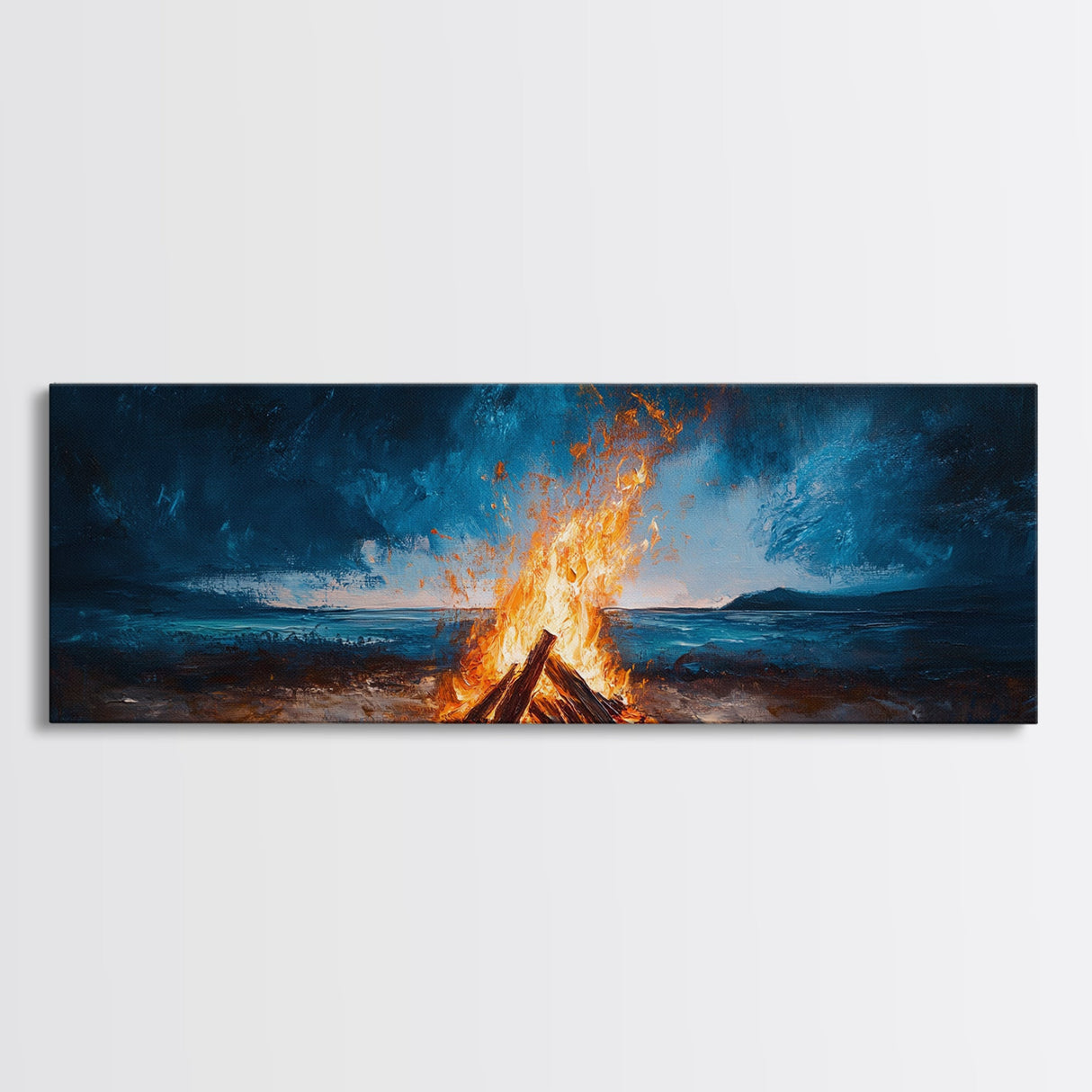 Stormy Beach Bonfire Canvas Print Dramatic Coastal Wall Art Ocean Fire Pit Painting Wilderness Adventure Decor Moody Gift