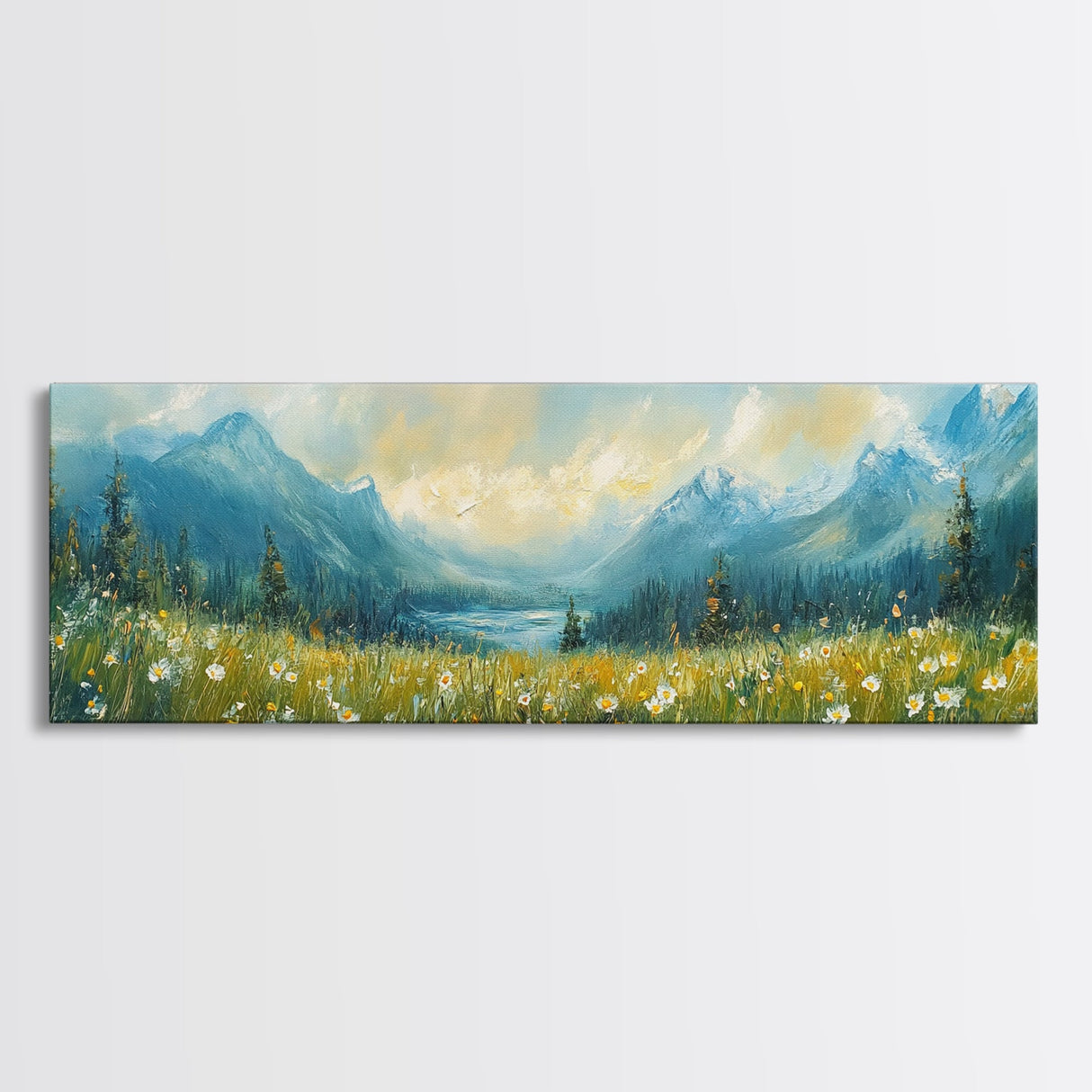 Mountain Lake Meadow Painting, Serene Nature Landscape, Cozy Cabin Art, Blue and Green Rustic Bedroom Wall Decor, Framed Canvas Print