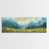 Mountain Lake Meadow Painting, Serene Nature Landscape, Cozy Cabin Art, Blue and Green Rustic Bedroom Wall Decor, Framed Canvas Print