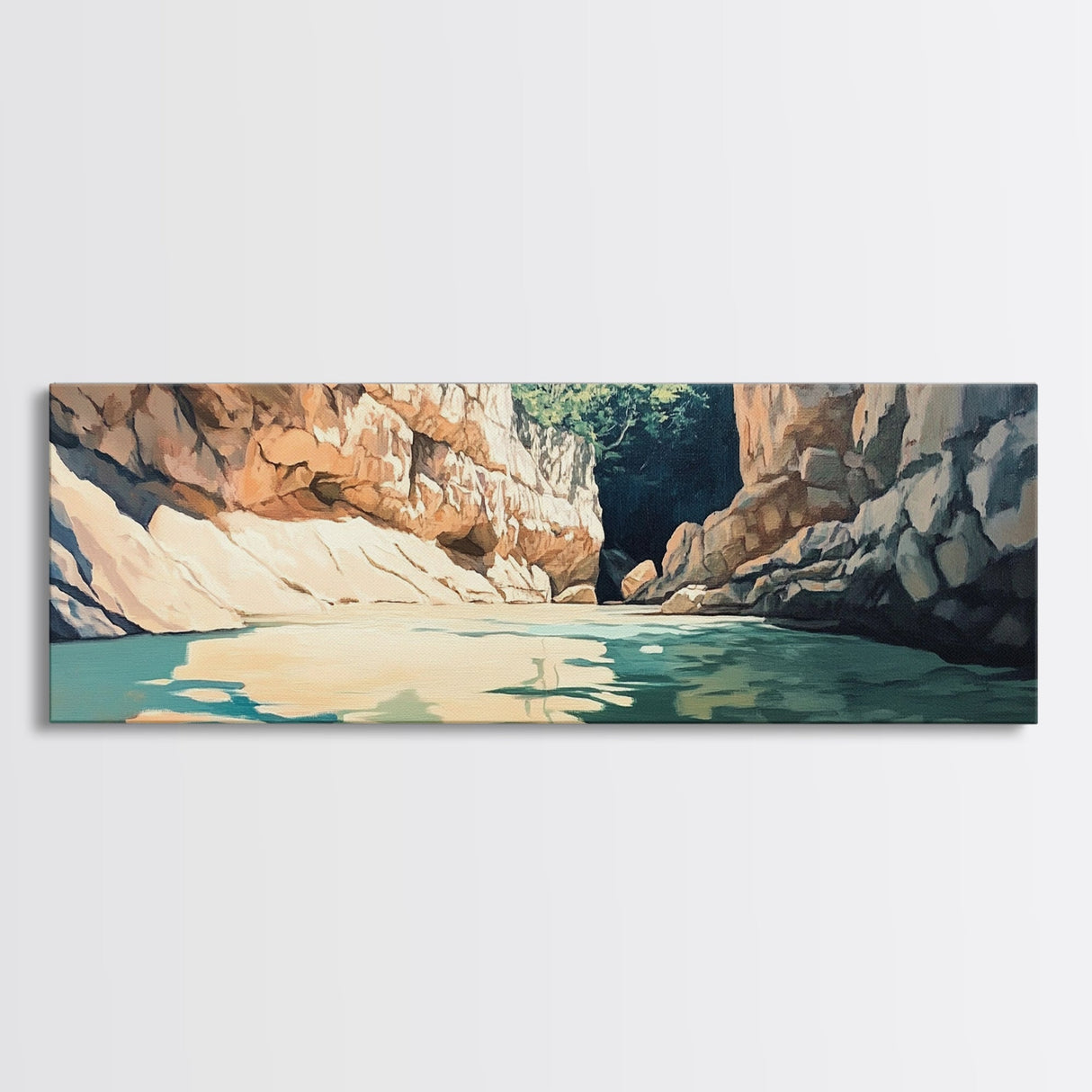 Serene River Canyon Framed Canvas Print Nature Landscape Painting, Rustic Lodge Wall Art, Outdoor Adventure Decor, Water Scene Art