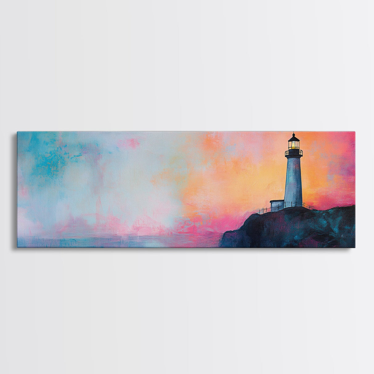 Lighthouse Sunset Canvas Print Nautical Wall Art, Vibrant Coastal Painting, Pink and Blue Seascape, Bedroom Decor
