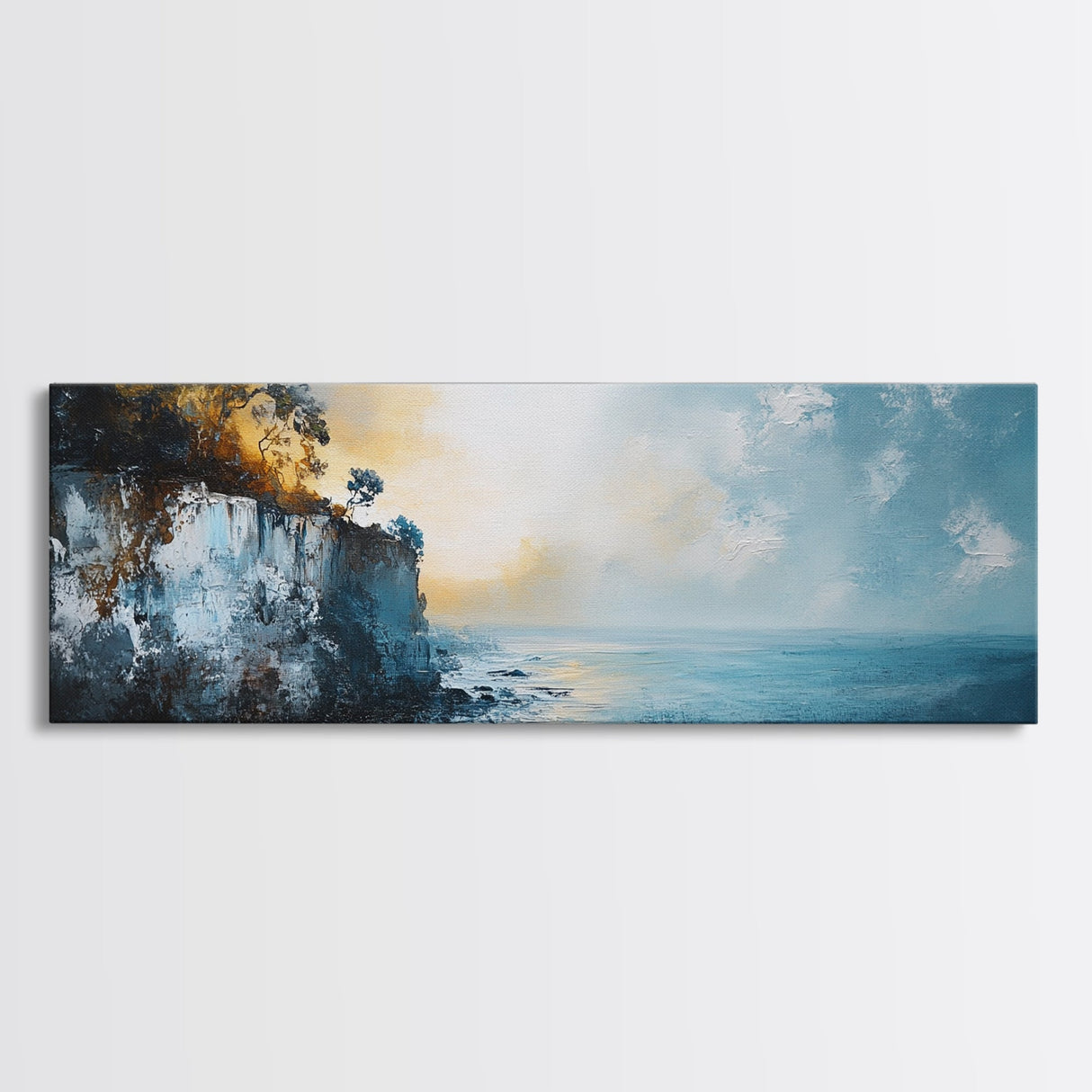 Misty Ocean Cliffs Canvas Print Moody Coastal Wall Art, Dark Blue Seascape Painting, Foggy Landscape, Contemporary Office Decor