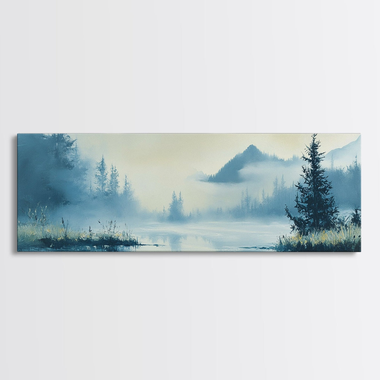 Foggy Mountain Lake Framed Canvas Print Tranquil Nature Wall Art, Misty Forest Landscape, Cool Blue Artwork, Cabin or Office Decor