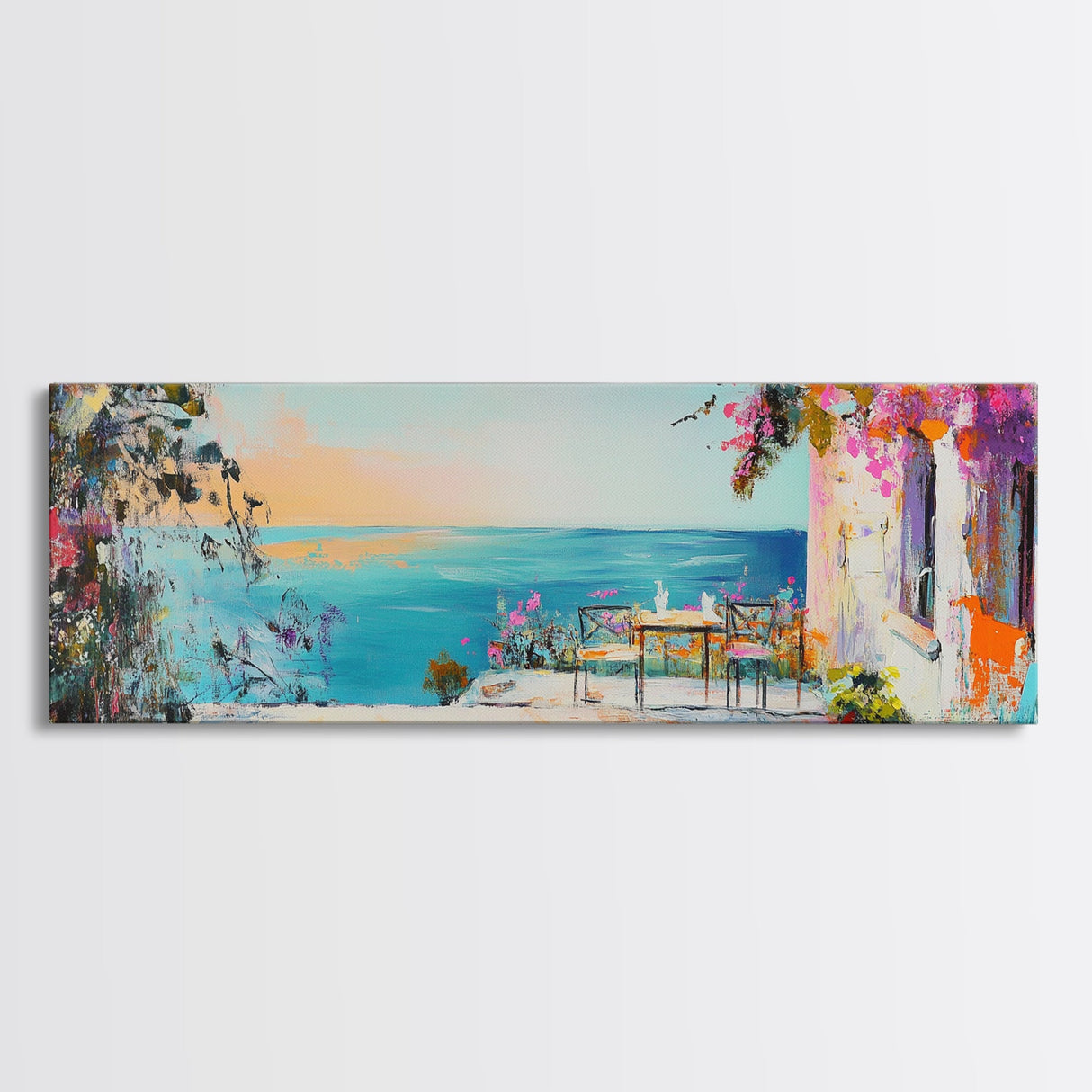 Mediterranean Patio Framed Canvas Print, Coastal Landscape Wall Art, Romantic Seaside Painting, Dining Room Decor, Boho Art