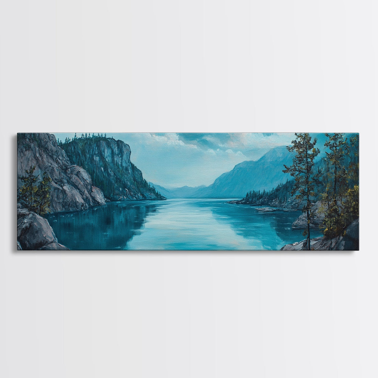 Tranquil Lake Landscape Wall Art, Blue Nature Painting, Rustic Lodge Decor, Large Wide Artwork, Living Room Wall Art