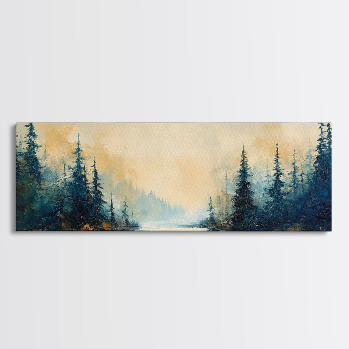 Misty Forest Landscape Wall Art, Blue and Gold Nature Painting, Rustic Cabin Decor, Cozy Woodland Art, Fall Living Room Artwork