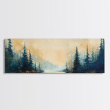 Misty Forest Landscape Wall Art, Blue and Gold Nature Painting, Rustic Cabin Decor, Cozy Woodland Art, Fall Living Room Artwork