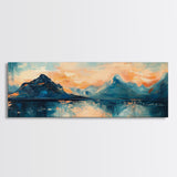 Mountain Reflections at Sunset Wall Art, Abstract Landscape Painting, Blue and Orange Artwork, Statement Piece, Office