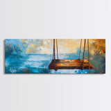 Rustic Wooden Swing by the Ocean, Serene Beach Wall Art, Tranquil Coastal Decor, Dreamy Blue and Gold Painting, Bedroom Artwork
