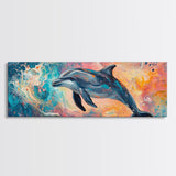 Playful Dolphin in Ocean Waves, Colorful Abstract Sea Life Art, Vibrant Marine Animal Painting, Coastal Home Decor