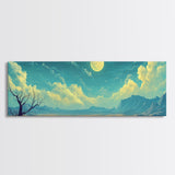 Moonlit Desert Nightscape, Mystical Blue and Gold Landscape Art, Dreamy Celestial Wall Decor, Surreal Nature Painting