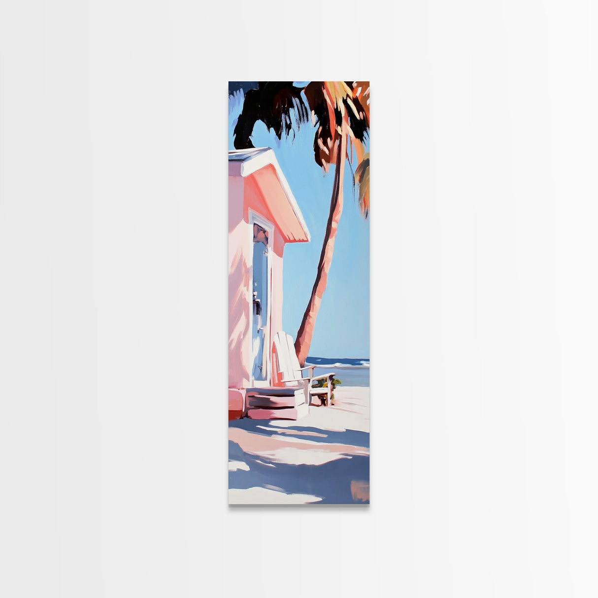 Pink Beach House, Coastal Retreat, Palm Tree Art, Framed Canvas Print, Tropical Decor, Modern Minimalist, Vacation Vibes, Wall Art