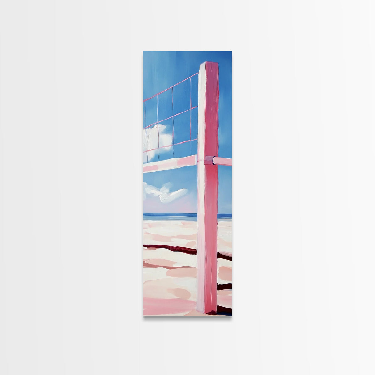 Beach Volleyball Net, Summer Fun, Pink Aesthetic, Framed Canvas Print, Modern Minimalist, Coastal Sports, Vacation Home Wall Art