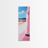 Pink Cliff, Ocean View, Tranquil Beach, Framed Canvas Print, Coastal Wall Art, Minimalist Painting, Living Room Decor, Gift, Blue