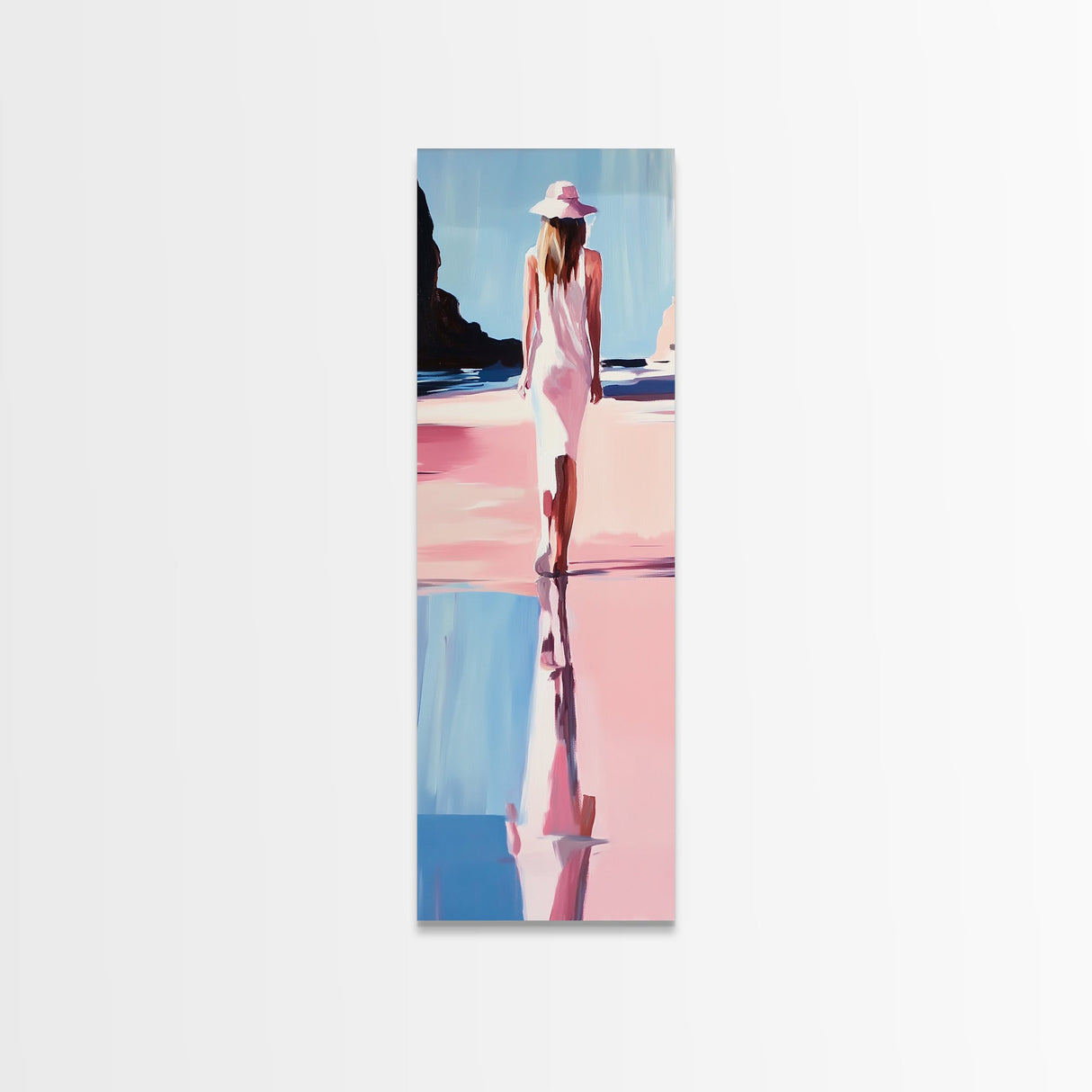 Woman in White, Beach Walk, Elegant Minimalist Art, Framed Canvas Print, Feminine Aesthetic, Living Room Art, Pastel Color Palette
