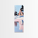 Winter Cabin, Snowy Reflections, Framed Canvas Print, Cozy Rustic Wall Art, Nordic Aesthetic, Minimalist Landscape, Bedroom Decor