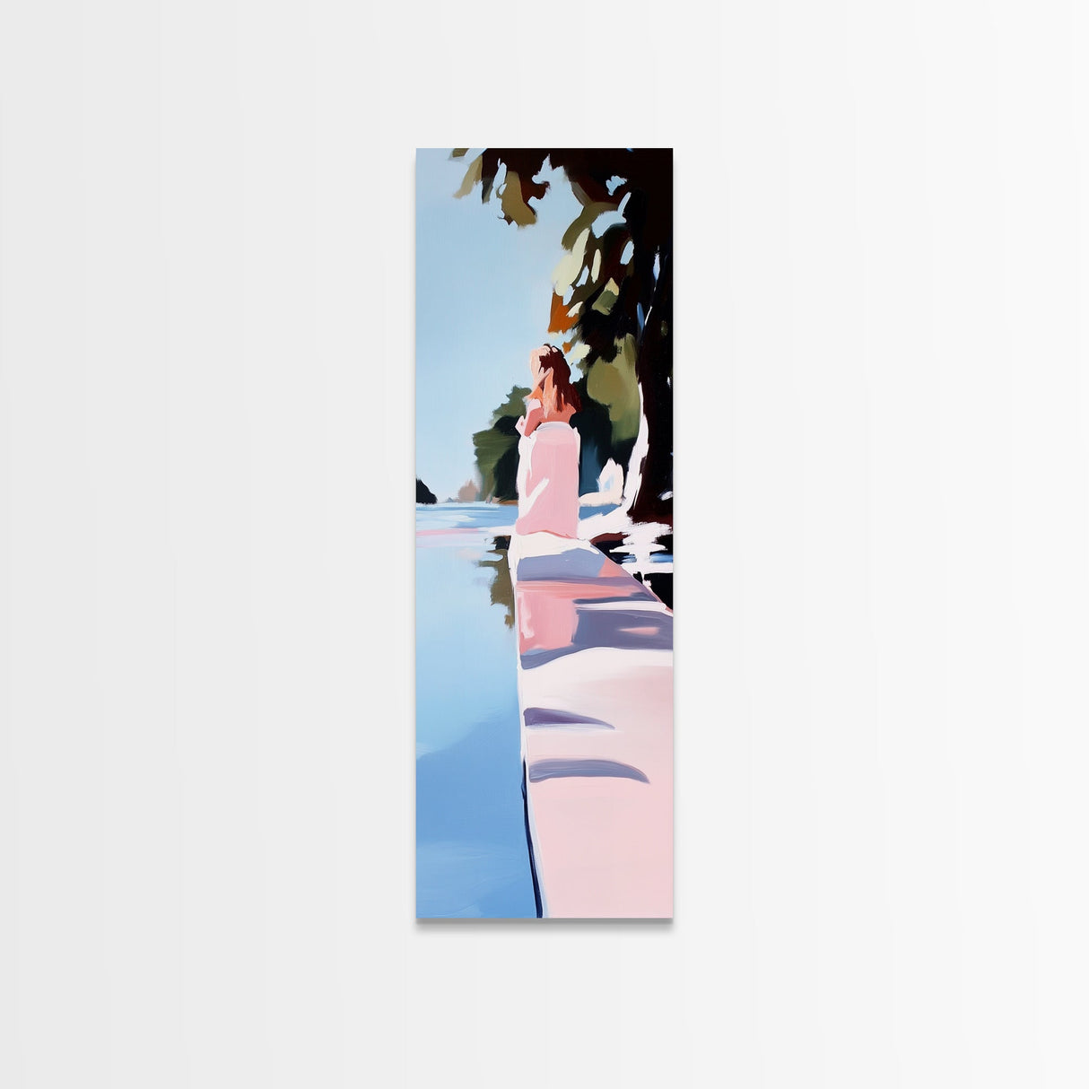 Woman by Water, Tranquil Scene, Framed Canvas Print, Serene Nature Art, Soft Pastel Aesthetic, Modern Minimalist, Dreamy Wall Decor