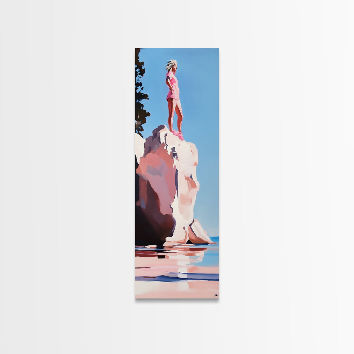 Coastal Adventure, Pink and Blue Art, Minimalist Beach Scene, Modern Landscape, Travel Inspiration, Contemporary Framed Canvas Print