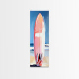 Pink Surfboard, Beach House Art, Coastal Aesthetic, Surfer Lifestyle, Summer Vibes, Ocean Theme Framed Canvas Print, Modern Wall Decor