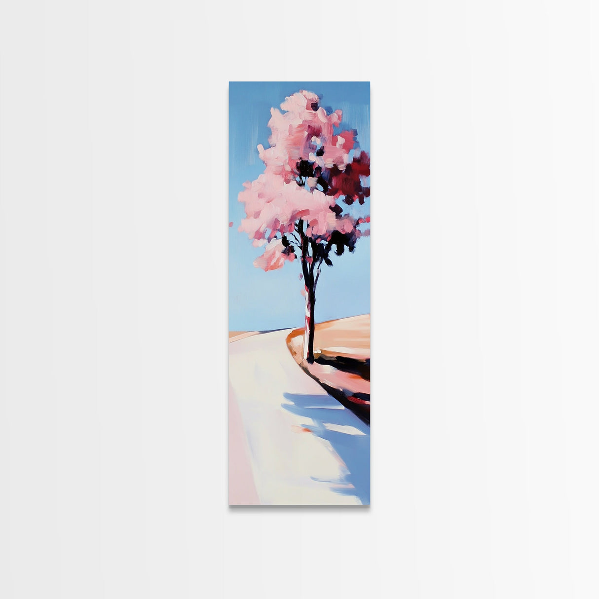 Cherry Blossom Tree, Serene Landscape Painting, Romantic Pink Art, Tranquil Nature Decor, Spring Home Decor, Framed Canvas Print
