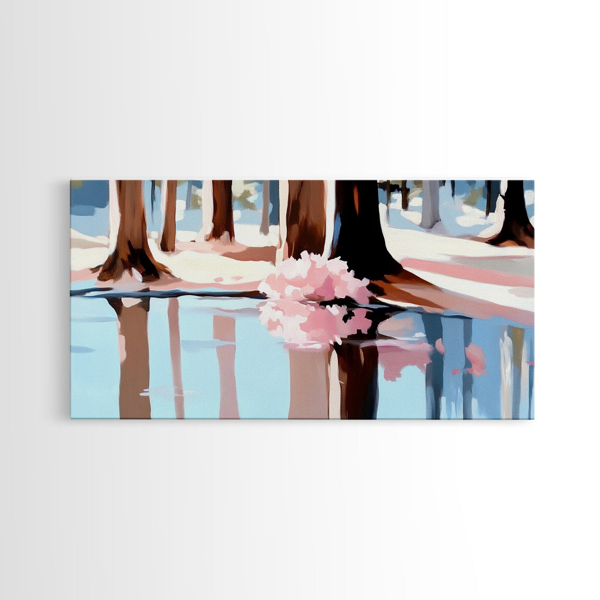 Reflection, Pink Trees, Winter, Framed Canvas Print, Modern Nature Art, Minimalist Wall Art, Cozy Home Decor, Fall Living Room Art
