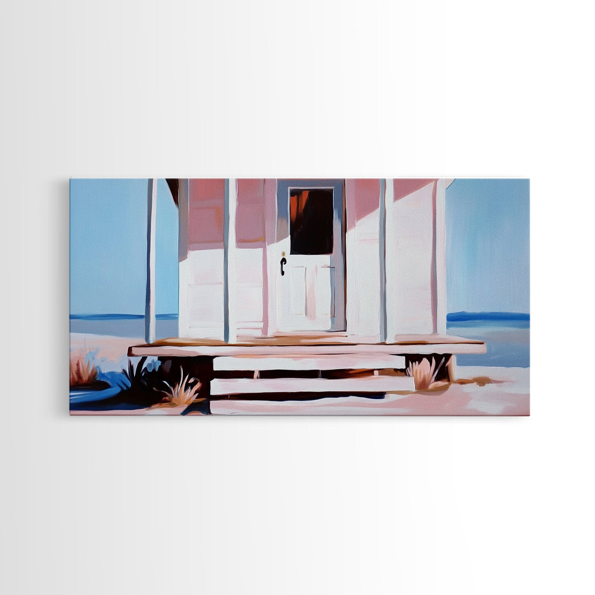 White House, Oceanfront, Rustic, Framed Canvas Print, Coastal Decor, Minimalist Art, Beach House Wall Art, Serene Living Room Art