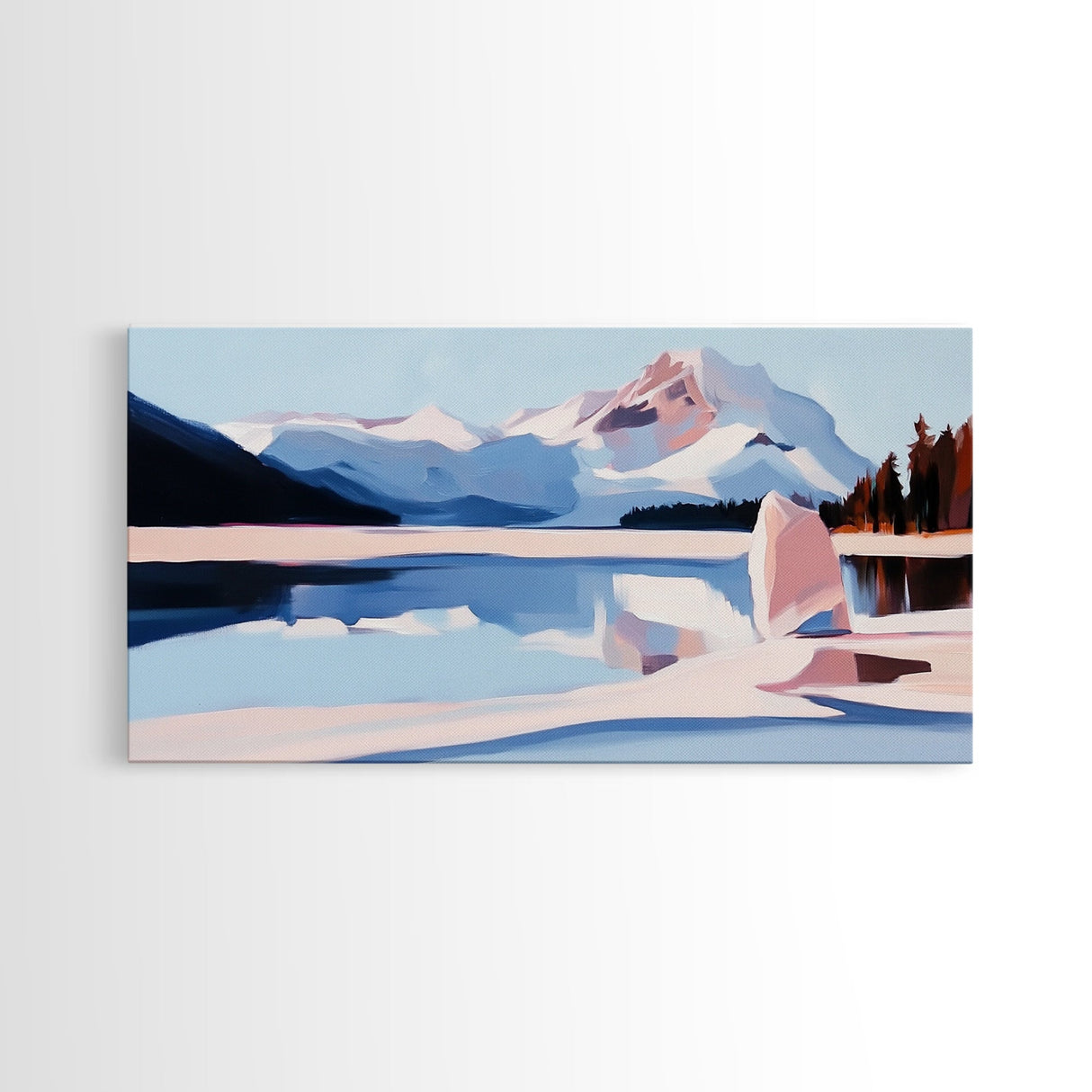 Mountain Reflection, Snowy Lake, Framed Canvas Print, Nature Wall Art, Minimalist Landscape, Living Room Decor, Blue and White Art