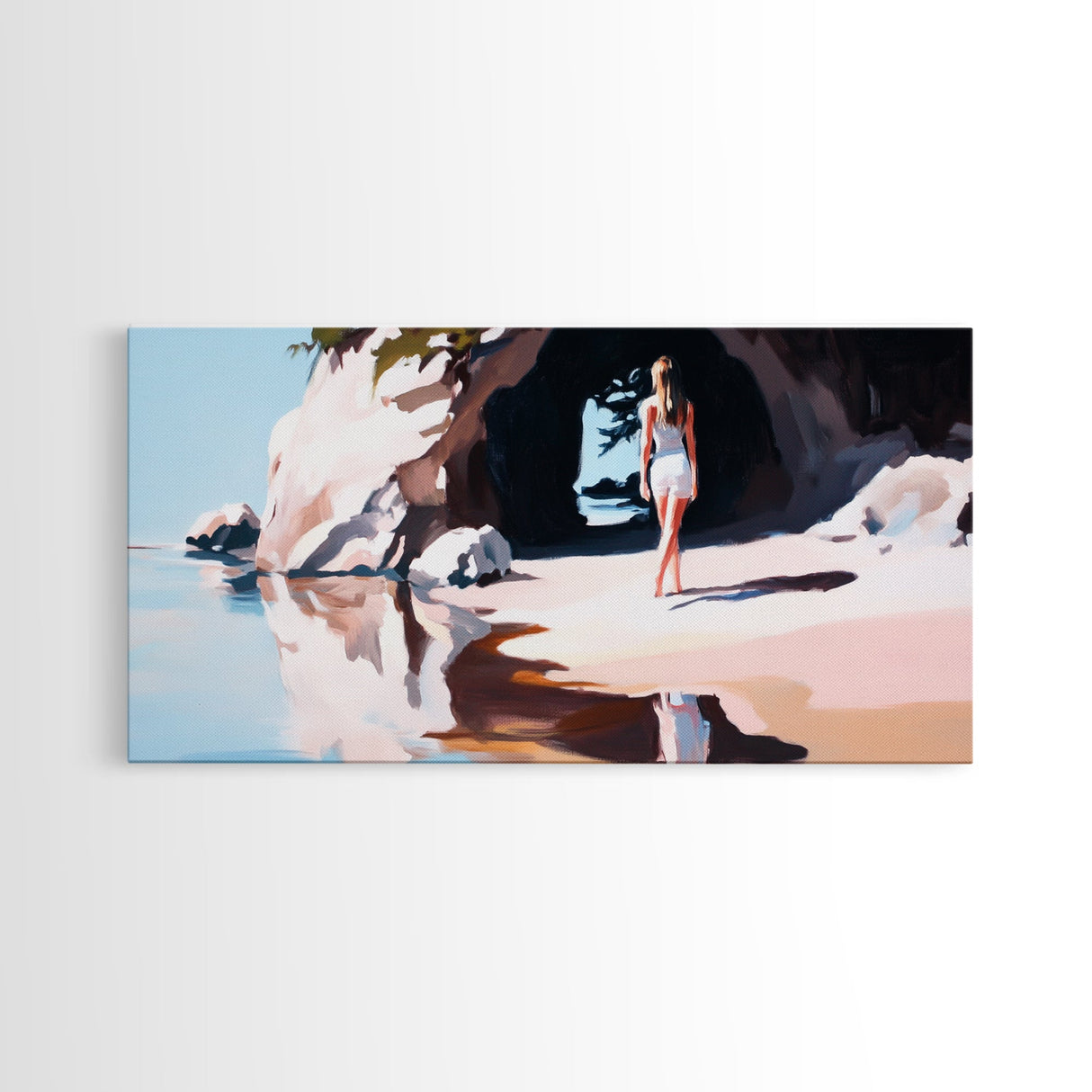 Girl In Cave, Coastal Landscape, Minimalist Art, Seascape Wall Decor, Bedroom Wall Art, Framed Canvas Print, Beach Inspired Home Decor