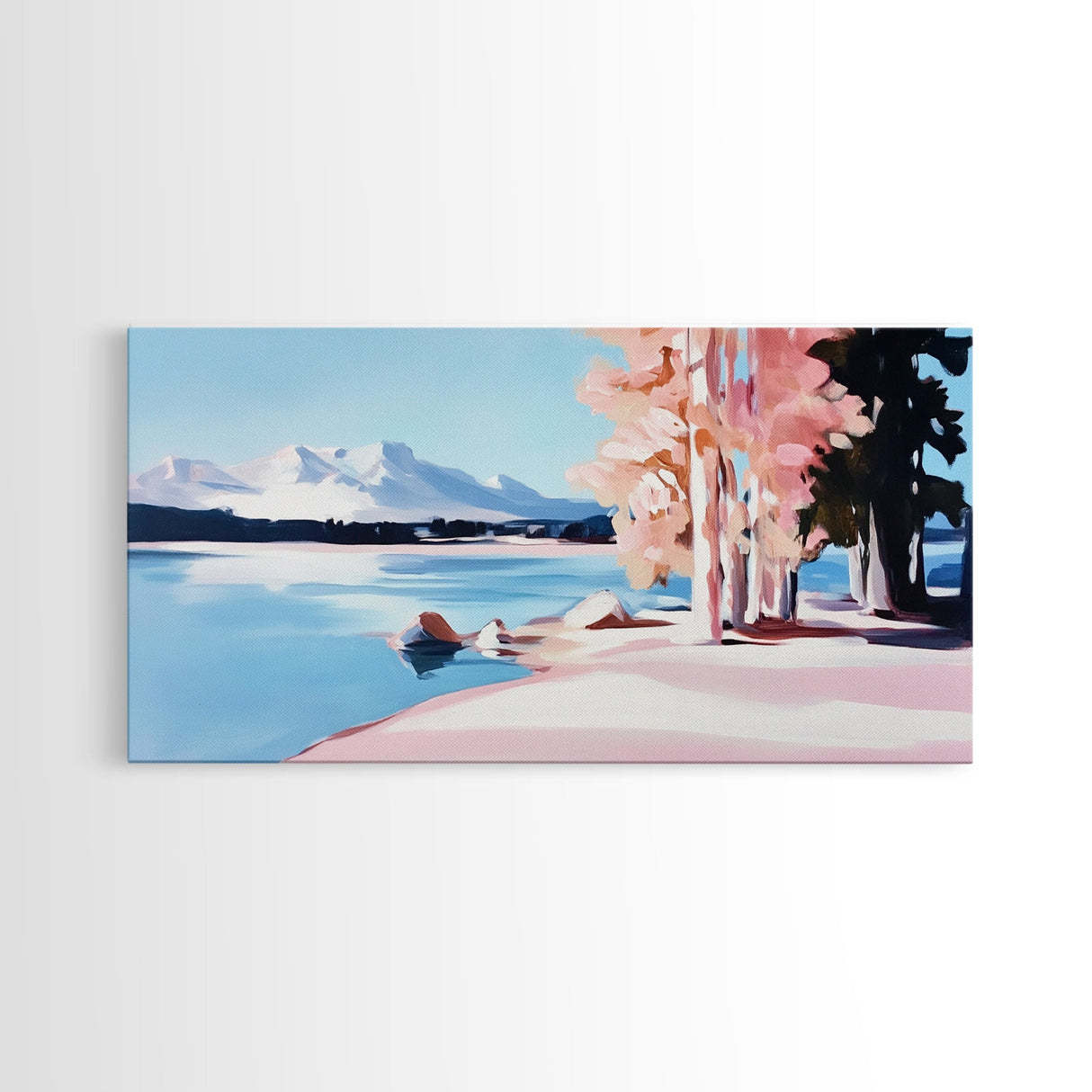 Mountain Lake, Pink Trees, Nature Art, Canvas Print, Cabin Wall Decor, Living Room Landscape, Winter Painting, Minimalist Nature Art