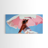 Pink Umbrella, Summer Vibes, Coastal Aesthetic, Modern Boho Art, Vibrant Pastel Decor, Bedroom Wall Art, Framed Canvas Print