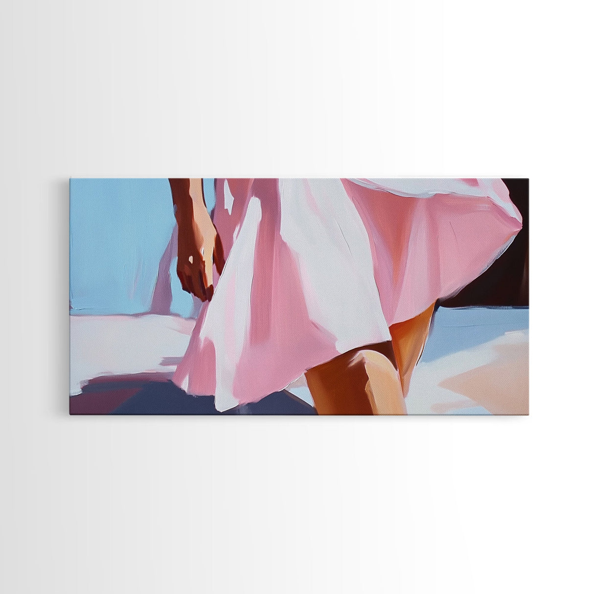 Flowing Summer Dress, Feminine Boho Art, Elegant Beach Print, Fashion Aesthetic Decor, Soft Pastel Painting, Bedroom Framed Canvas Print