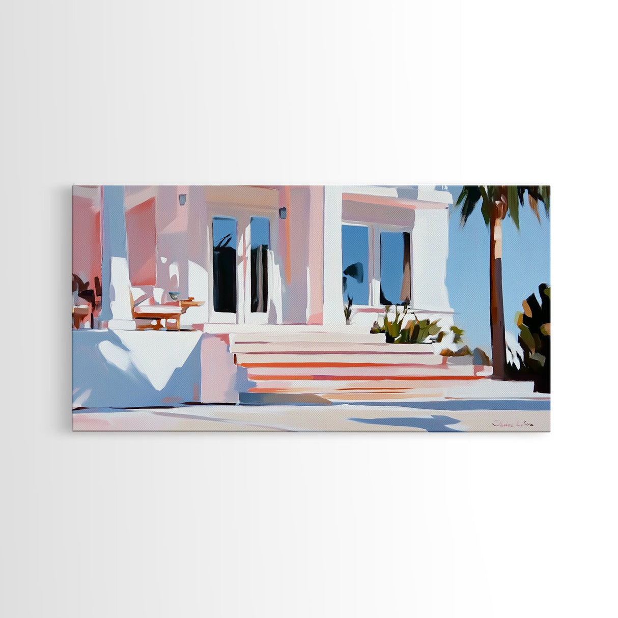 Palm Villa, Tropical House, Beach Home, Coastal Living, Pink Wall Art, Modern Architecture, Vacation House, Minimalist, Canvas Print