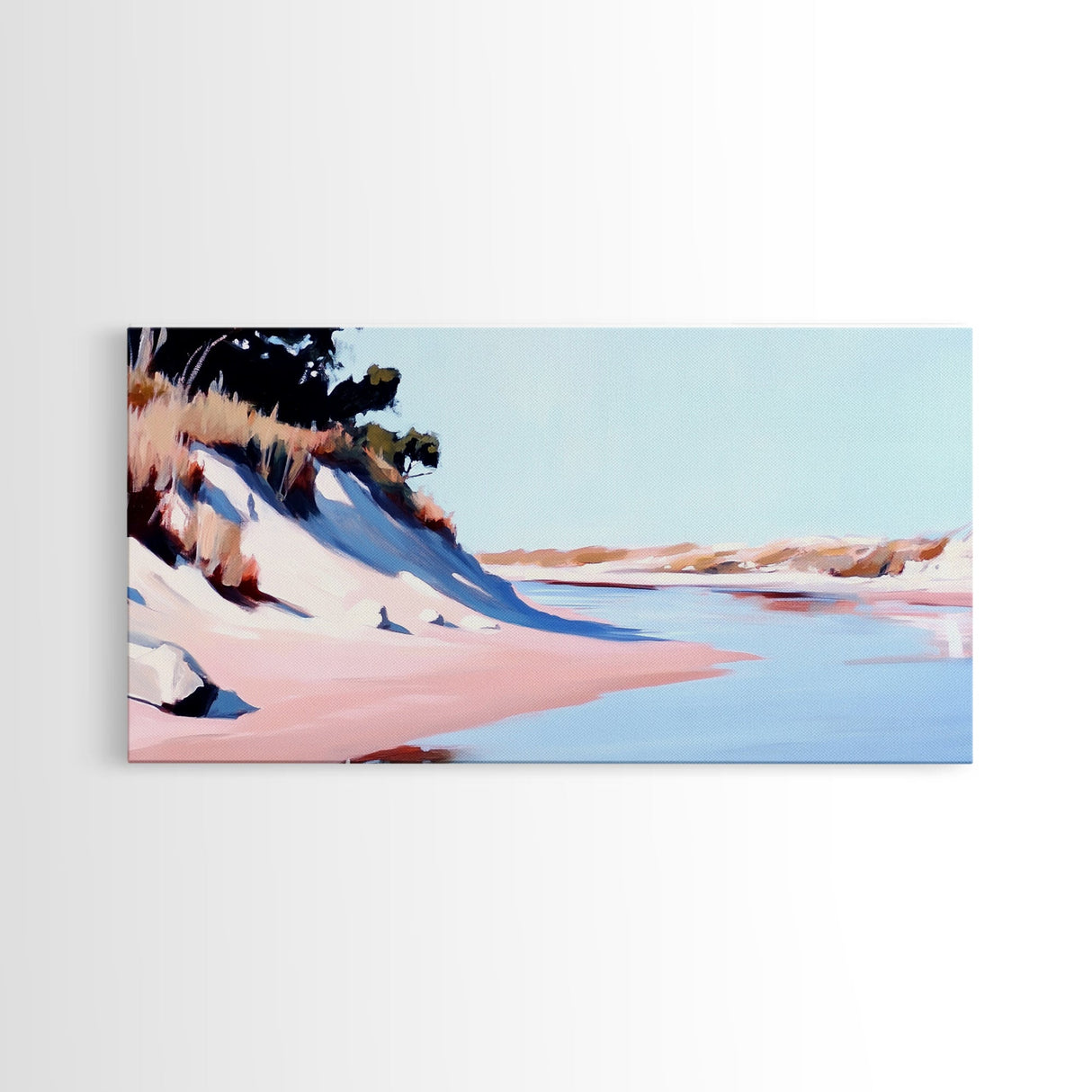 Sandy Riverbank, Minimalist Nature Art, Soft Pastel Landscape, Warm Earthy Print, Rustic Home Decor, Boho Wall Art, Framed Canvas Print