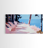 Sunlit Pathway, Serene Nature Art, Forest Trail Print, Pink Blue Landscape, Scenic Wall Decor, Calm Aesthetic Home, Framed Canvas Print