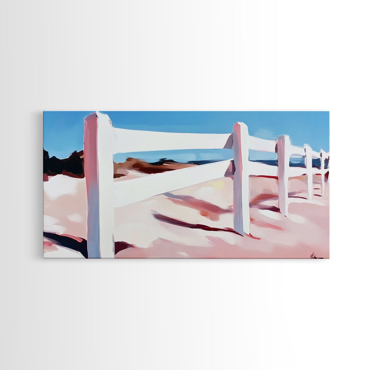 White Fence, Coastal Landscape, Pastel Beach Art, Framed Canvas Print, Minimalist Wall Decor, Ocean View Painting, Summer Art