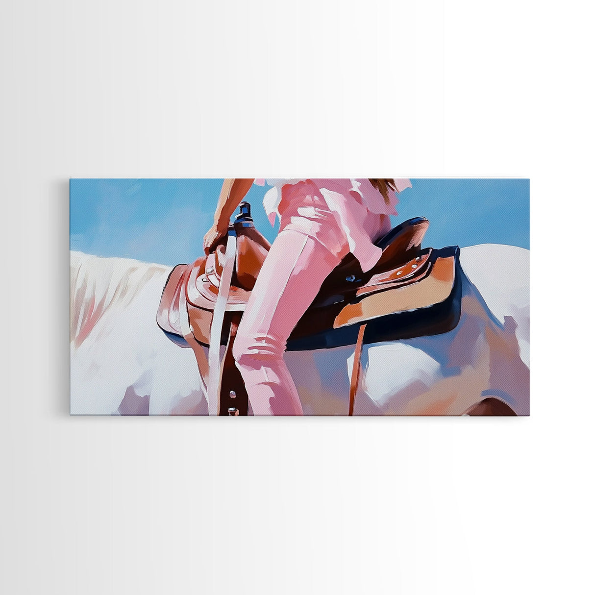 Western Rider, Cowgirl Art, Equestrian Wall Decor, Rustic Country Aesthetic, Pink and White Painting, Ranch Home Decor, Framed Canvas Print