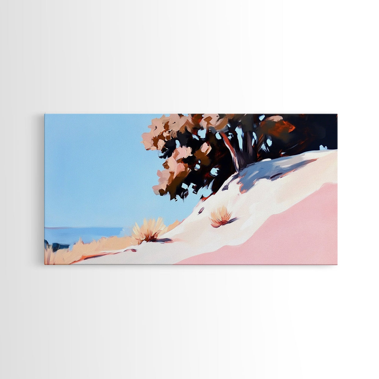 Sunlit Hill, Nature Wall Art, Serene Desert Scene, Warm Earthy Tones, Cozy Boho Decor, Relaxing Landscape Painting, Framed Canvas Print