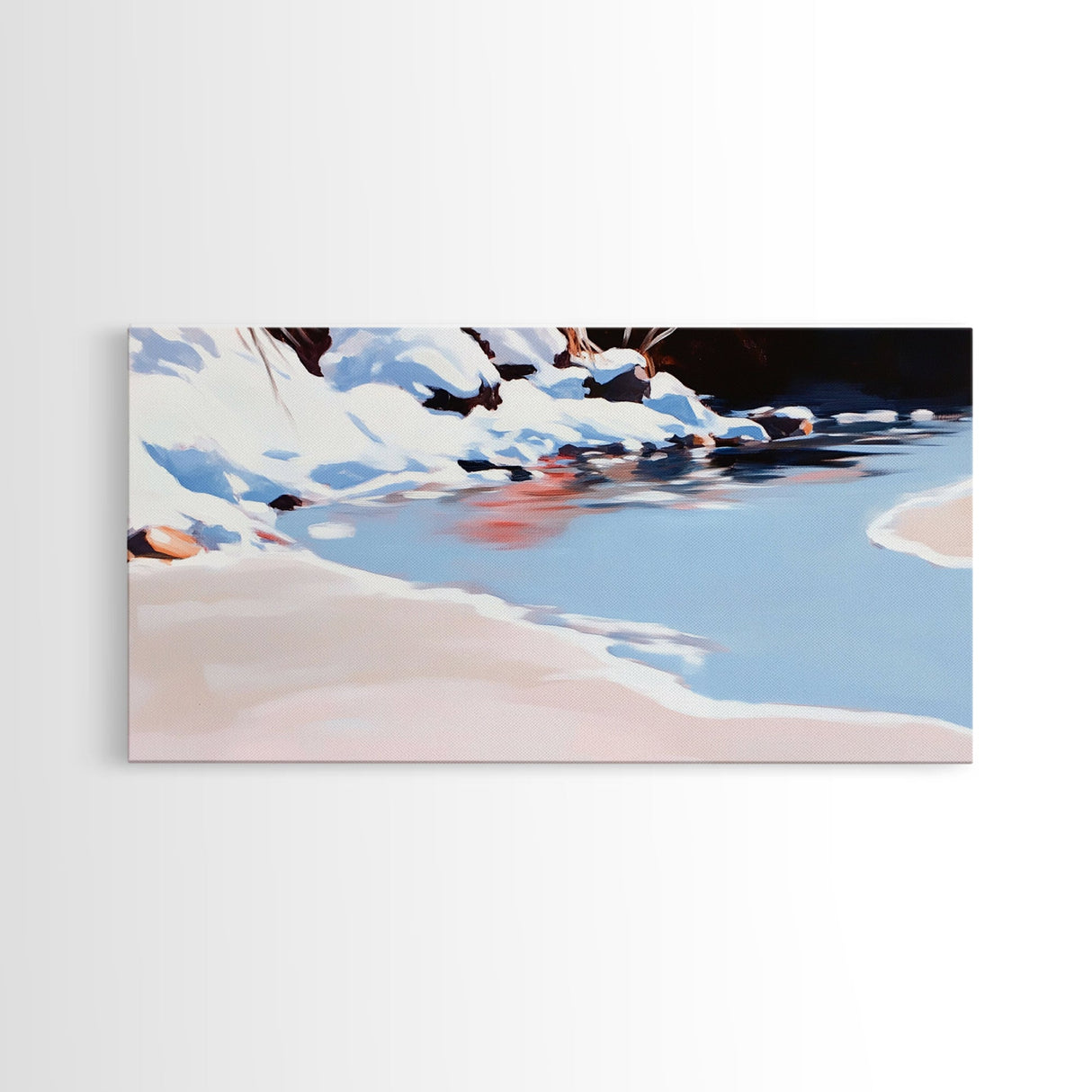 Winter River Scene, Snowy Landscape, Blue Wall Art, Modern Framed Canvas Print, Living Room Decor, Minimalist Nature Painting