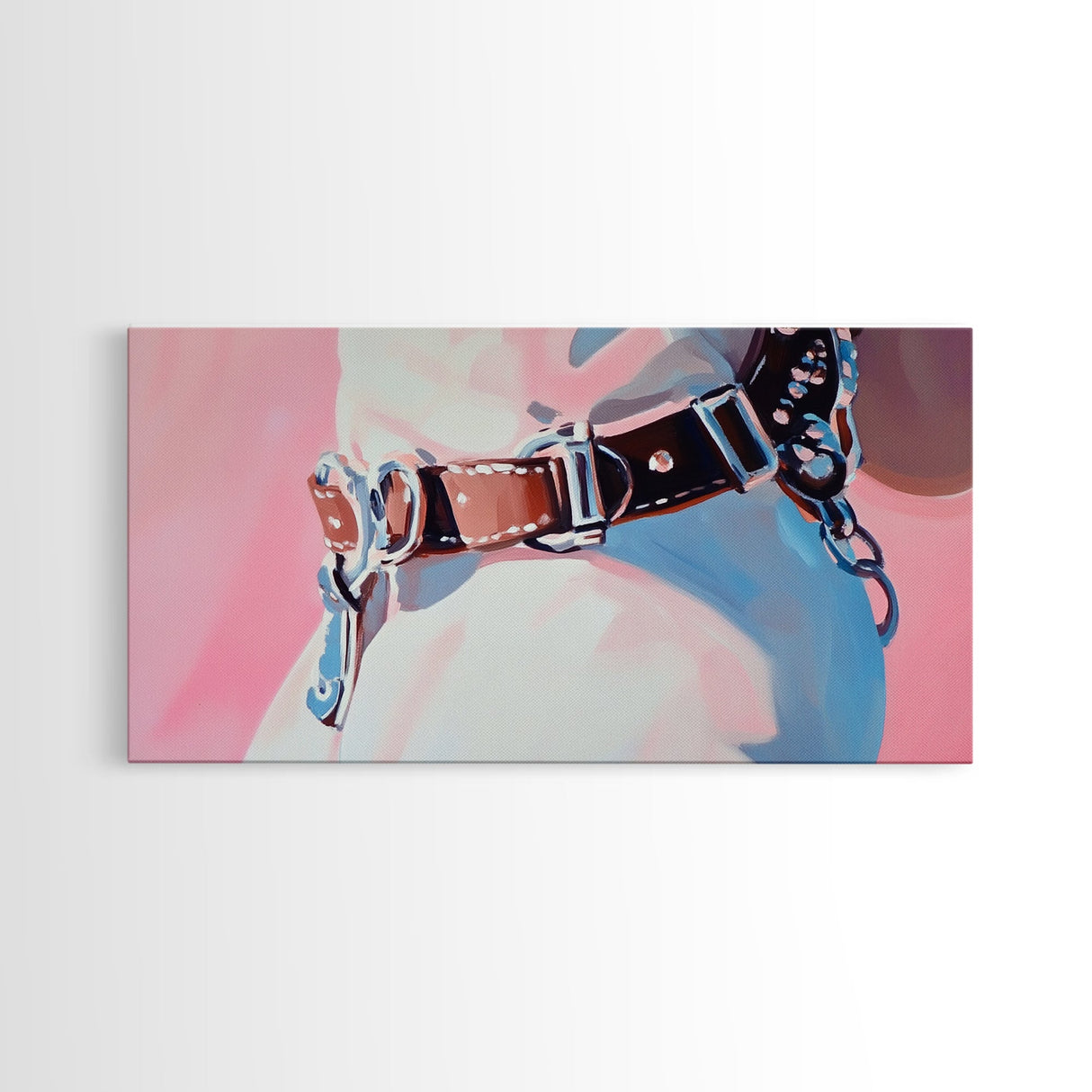 Leather Belt, Western Fashion, Modern Cowboy Art, Chic Home Decor, Framed Canvas Print, Minimalist Pink and Blue Wall Art