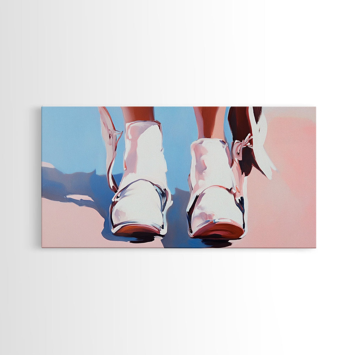 White Cowboy Boots, Western Fashion, Feminine Cowgirl Art, Stylish Wall Decor, Framed Canvas Print, Pink and Blue Aesthetic