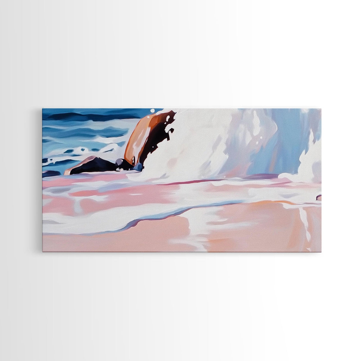 Rocky Shore, Wave Crash, Framed Canvas Print, Coastal Wall Art, Beach House Decor, Serene Seascape, Modern Ocean Painting
