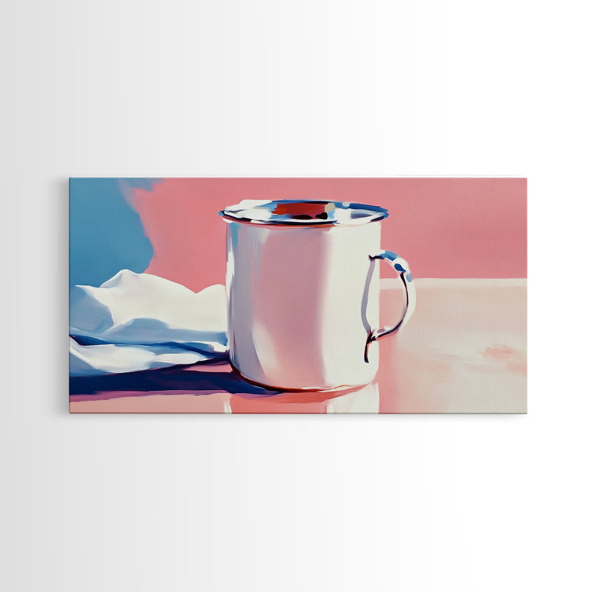 Enamel Mug, Rustic Kitchen, Framed Canvas Print, Minimalist Still Life, Vintage Aesthetic, Cozy Wall Art, Soft Pastel Painting