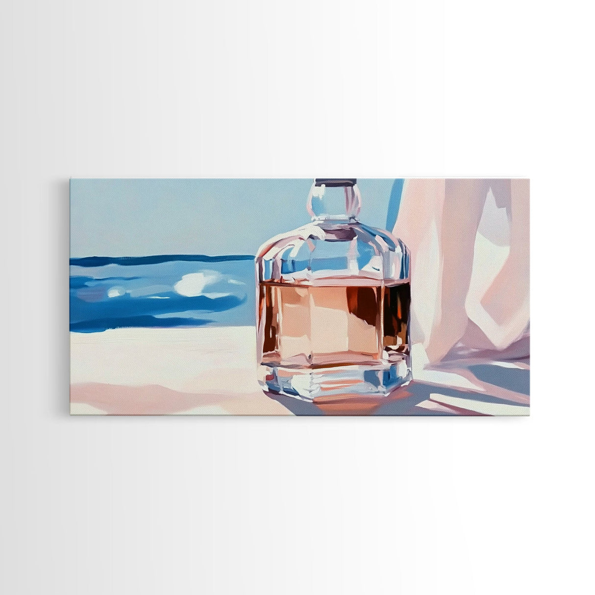 Glass Bottle, Ocean View, Beach House Decor, Coastal Aesthetic, Elegant Still Life, Framed Canvas Print, Pastel Home Decor, Tranquil Art