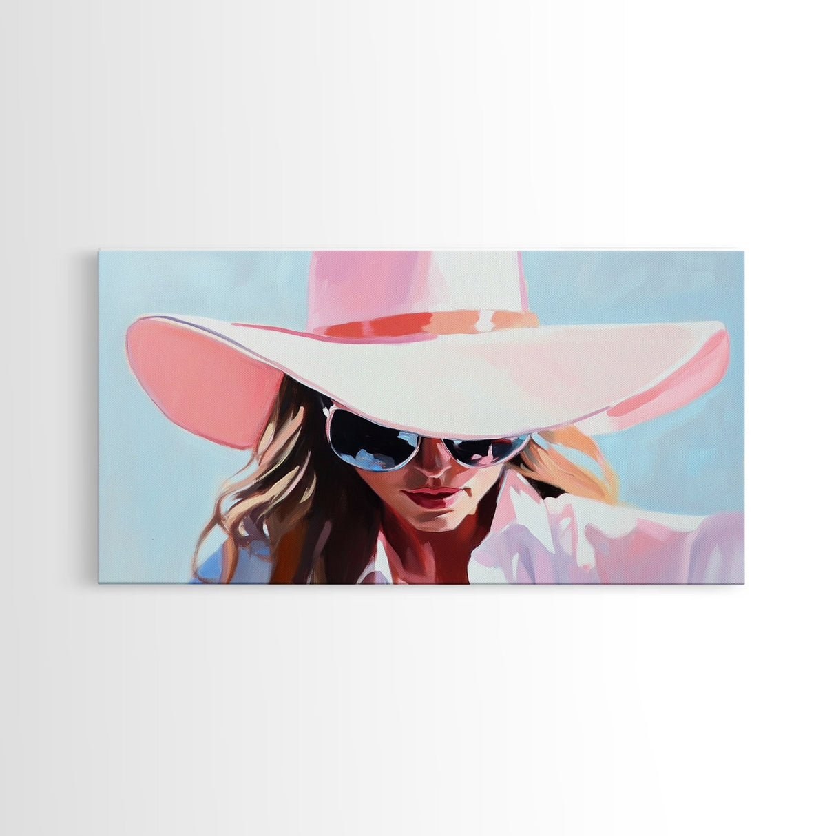 Woman Stylish Hat, Fashion Illustration, Chic Wall Art, Modern Glamour Decor, Framed Canvas Print, Elegant Portrait, Pastel Aesthetic