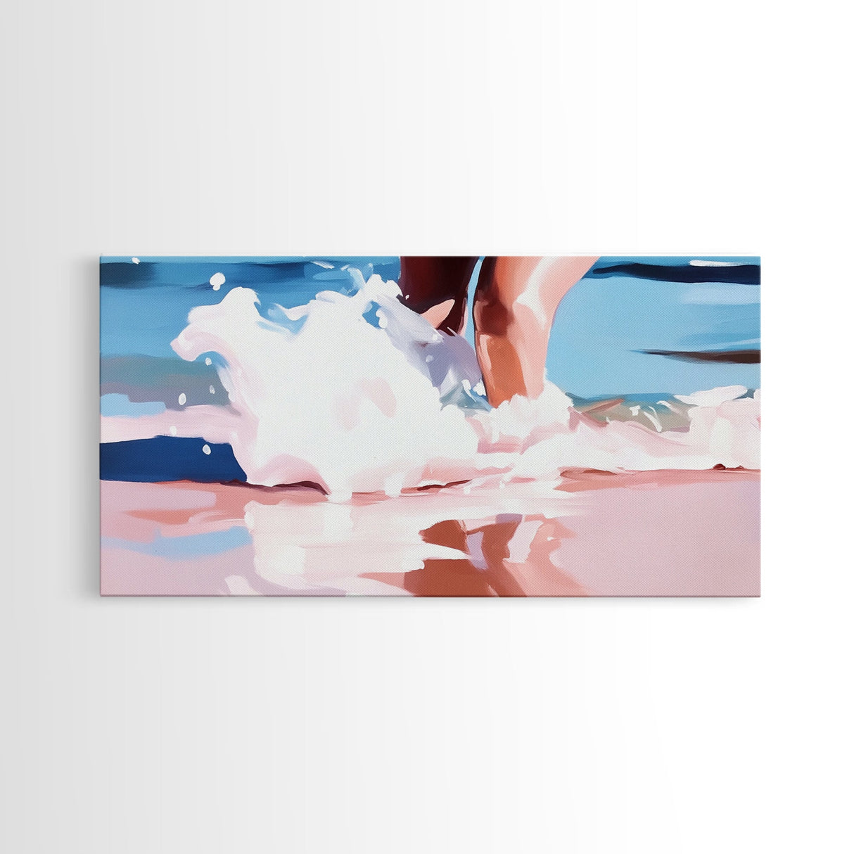 Ocean Waves, Coastal Beach Art, Water Splash Photography, Summer Boho Print, Blue and Pink Pastel Tones, Framed Canvas Print, Bathroom Art