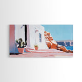 Cliffside House, Mediterranean Wall Art, Travel Print, Santorini Inspired Decor, Minimalist Aesthetic, Framed Canvas Print, Living Room