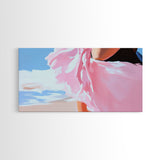 Flowing Dress, Beach Wind, Feminine Elegance, Fashion Wall Art, Framed Canvas Print, Ocean Breeze, Modern Home Decor, Soft Pink Aesthetic