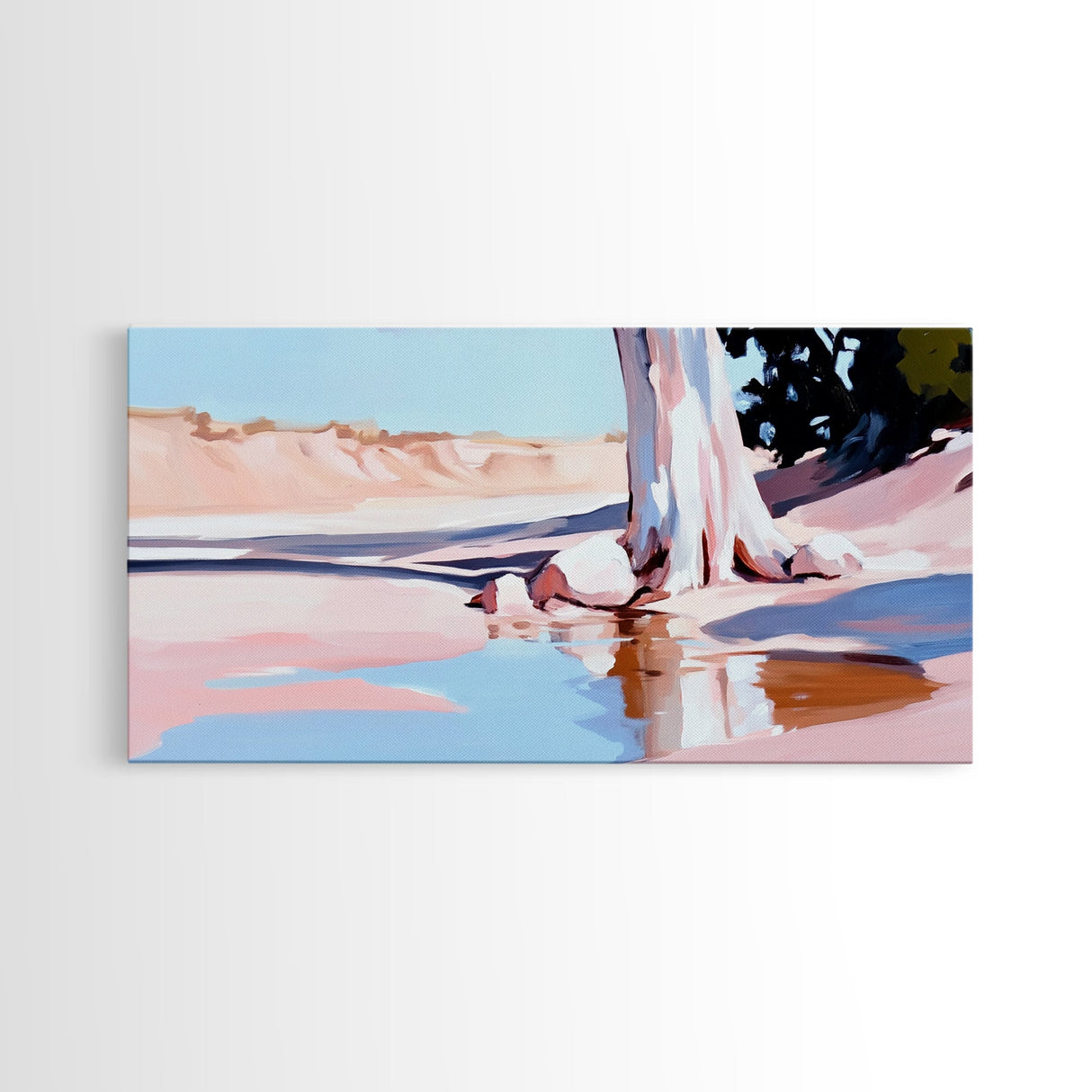 Desert Oasis, Lone Tree, Tranquil Reflection, Canvas Print, Southwestern Art, Earthy Color Palette, Minimalist Nature, Living Room Wall Art
