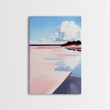 Pink Shoreline, Beach Reflection, Coastal Landscape, Framed Canvas Print, Ocean Wall Art, Nautical Home Decor, Relaxing Summer Vibes