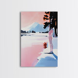 Sunset Lake, Mountain Reflection, Dreamy Landscape, Pastel Art, Framed Canvas Print, Living Room Wall Art, Romantic Nature Scene